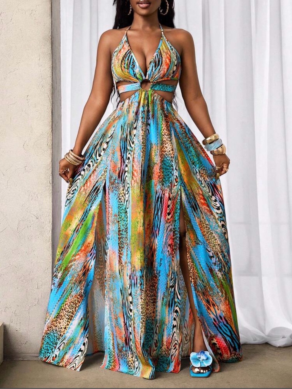 Multi-Color Halter Cutout Maxi Dress